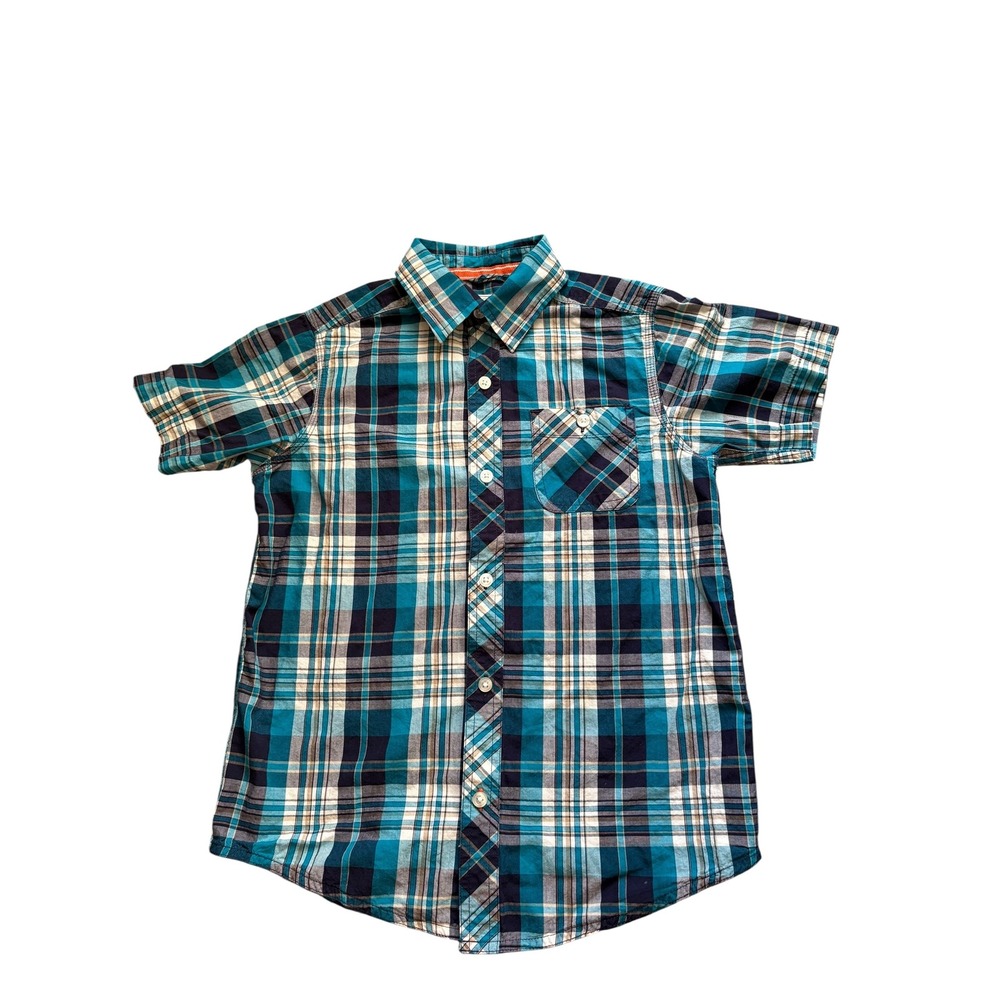 The Children's Place Boys Plaid Button Down Shirt‎ Size 7/8 M Blue Short Sleeve